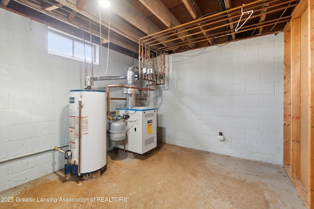 basement with gas water heater and a heating unit