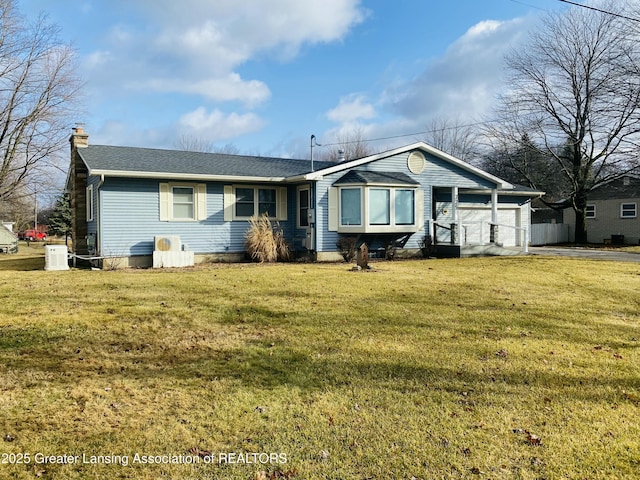 single story home with a front yard, roof with shingles, a chimney, and an attached garage