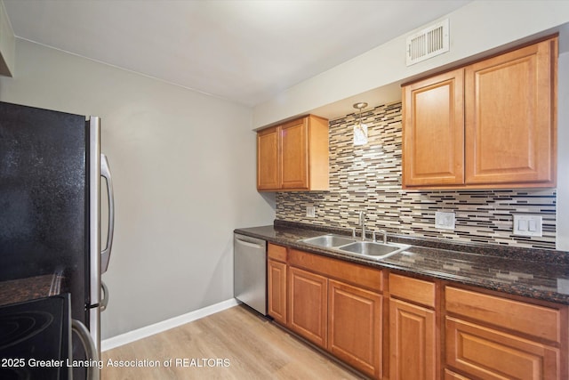 kitchen with a sink, visible vents, light wood-style floors, appliances with stainless steel finishes, and decorative backsplash