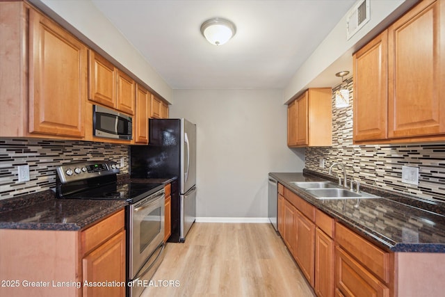 kitchen with light wood finished floors, baseboards, visible vents, stainless steel appliances, and a sink