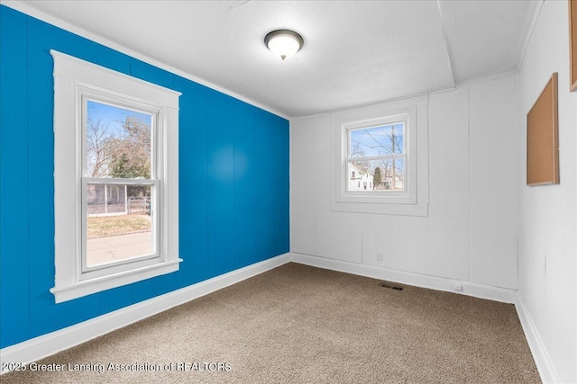 spare room featuring carpet floors, baseboards, visible vents, and a wealth of natural light