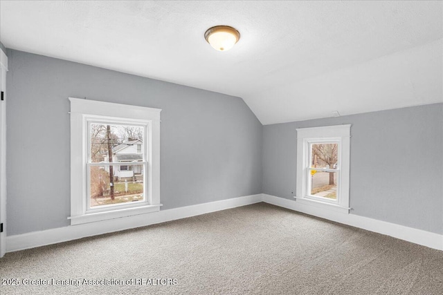 additional living space featuring lofted ceiling, a textured ceiling, carpet flooring, and baseboards