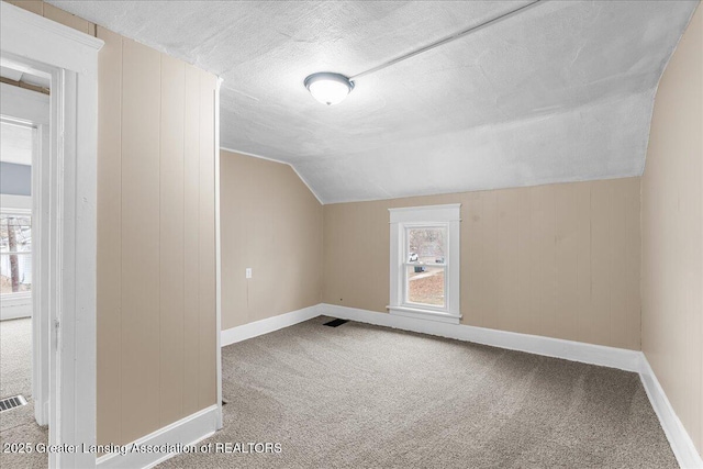 additional living space featuring vaulted ceiling, carpet floors, and a wealth of natural light