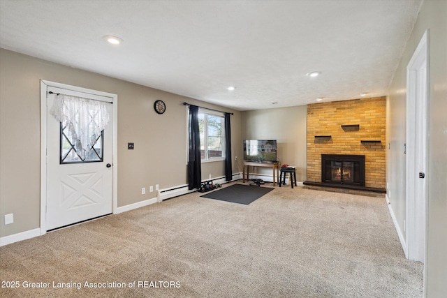 carpeted living room featuring a baseboard radiator, a brick fireplace, baseboards, and recessed lighting