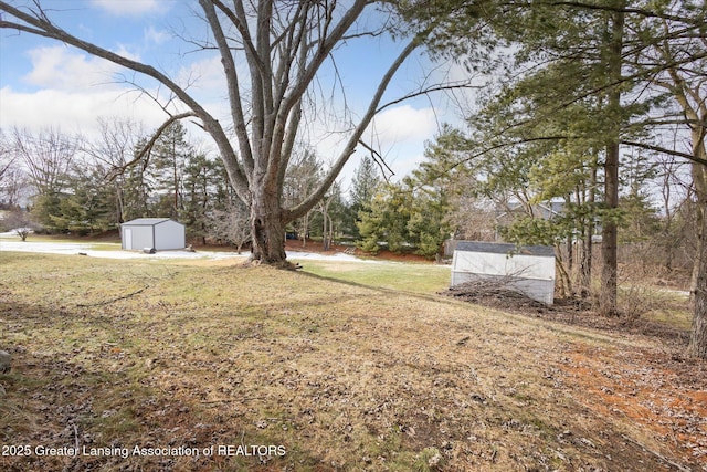 view of yard featuring an outbuilding and a shed