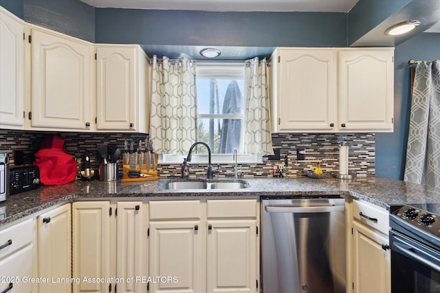 kitchen with black / electric stove, a sink, stainless steel dishwasher, dark stone counters, and tasteful backsplash