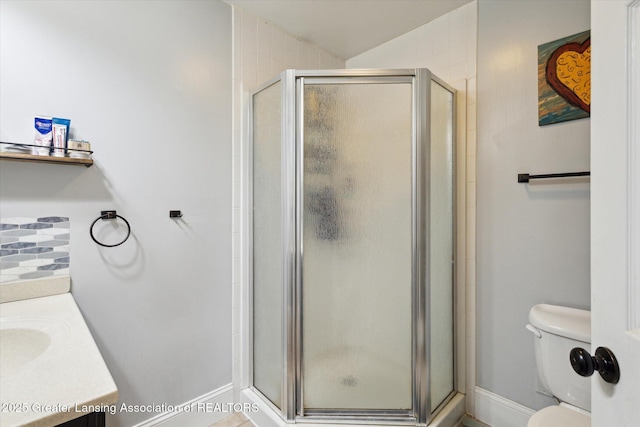 bathroom with toilet, a shower stall, and vanity