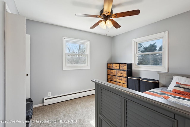 bedroom featuring a baseboard heating unit and a ceiling fan