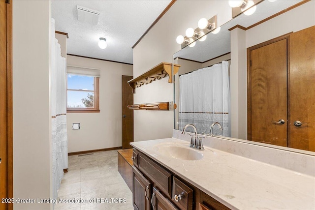 full bathroom with crown molding, visible vents, a textured ceiling, vanity, and baseboards