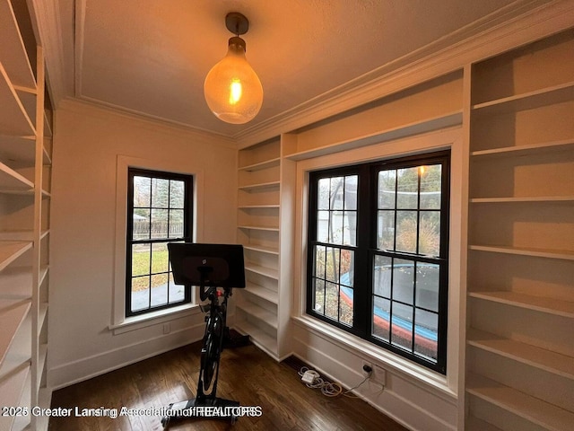 exercise room featuring ornamental molding, dark wood finished floors, built in shelves, and baseboards