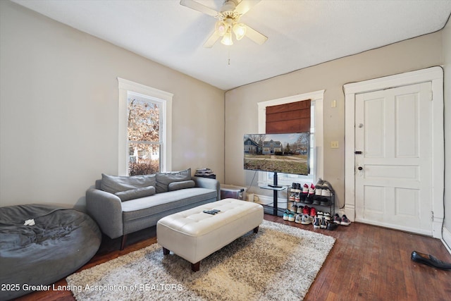 living room featuring a ceiling fan and hardwood / wood-style flooring