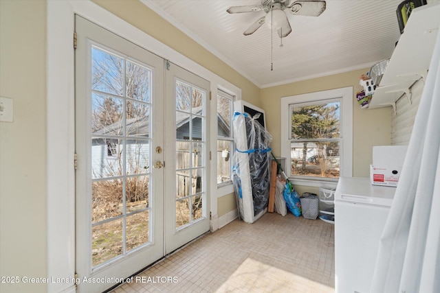 doorway to outside featuring tile patterned flooring, ceiling fan, crown molding, and french doors