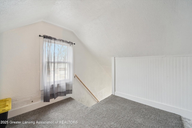 bonus room featuring carpet flooring, vaulted ceiling, and a textured ceiling