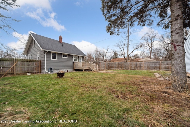 view of yard with a fenced backyard and a wooden deck