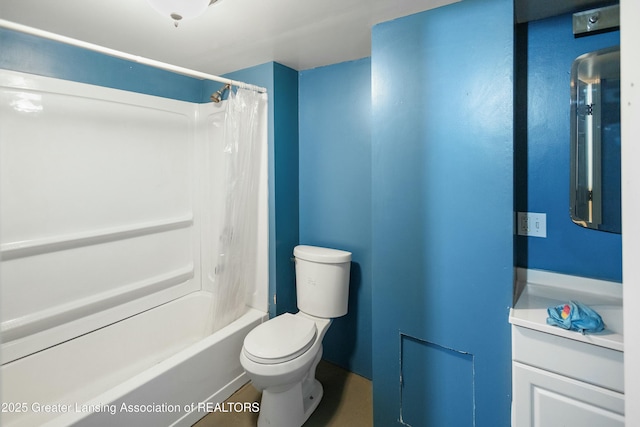 full bath featuring toilet, shower / tub combo, and vanity