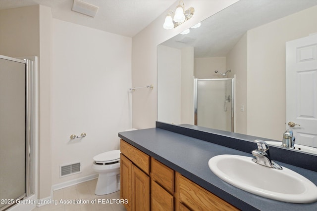 bathroom featuring a stall shower, visible vents, toilet, tile patterned flooring, and vanity