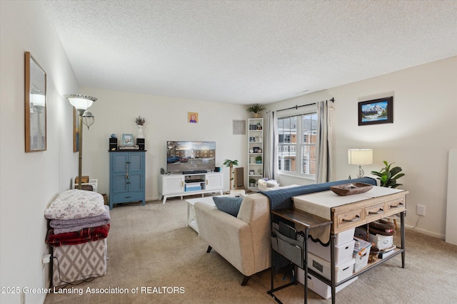 living area featuring light carpet, a textured ceiling, and baseboards