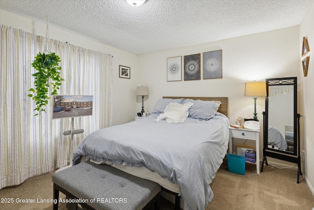 bedroom featuring carpet and a textured ceiling