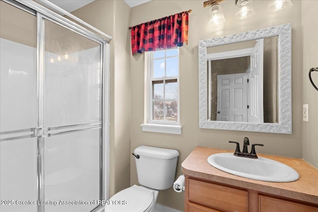 full bath featuring vanity, a shower stall, and toilet