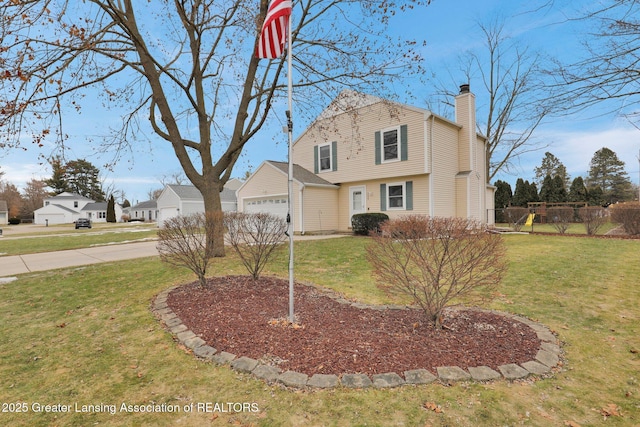 view of front facade with a garage, fence, concrete driveway, a chimney, and a front yard