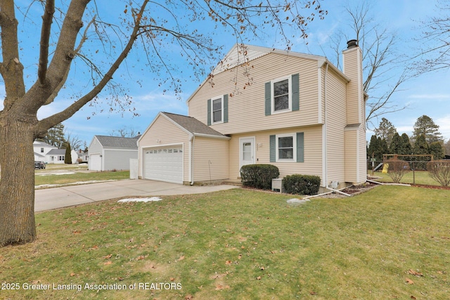 view of front of property featuring an attached garage, fence, concrete driveway, a front lawn, and a chimney