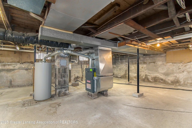 unfinished basement featuring gas water heater and heating unit