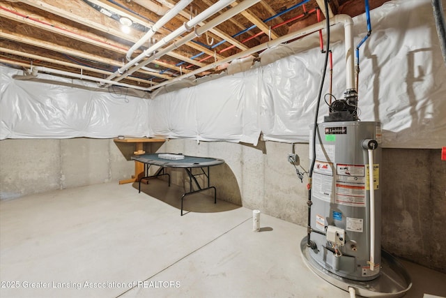 unfinished below grade area featuring gas water heater