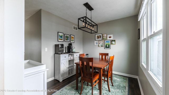 dining room featuring a healthy amount of sunlight, dark wood-style floors, baseboards, and visible vents