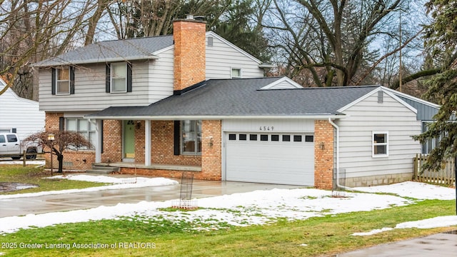 traditional home with a shingled roof, a chimney, and brick siding