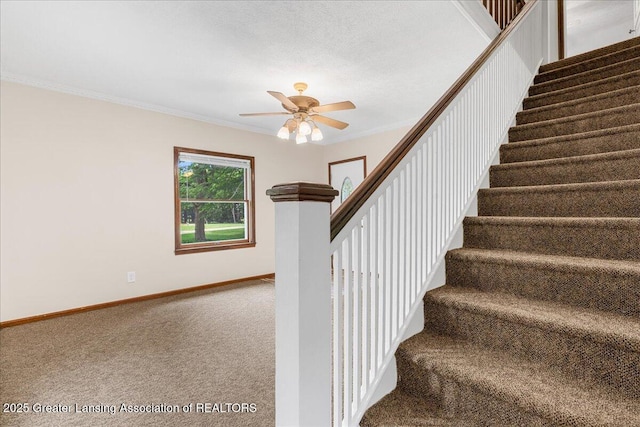 9840 W Herbison Rd, Eagle, MI 48822 - staircase with carpet floors, ornamental molding, and a ceiling fan
