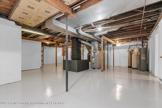 9840 W Herbison Rd, Eagle, MI 48822 - unfinished basement featuring water heater, heating unit, and a water softener system