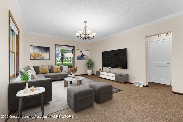 9840 W Herbison Rd, Eagle, MI 48822 - living room featuring a chandelier, crown molding, a textured ceiling, and carpet