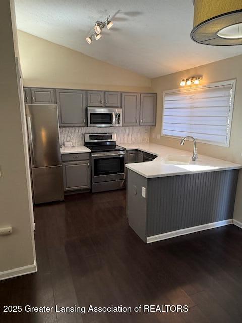 kitchen featuring gray cabinetry, vaulted ceiling, appliances with stainless steel finishes, a peninsula, and a sink