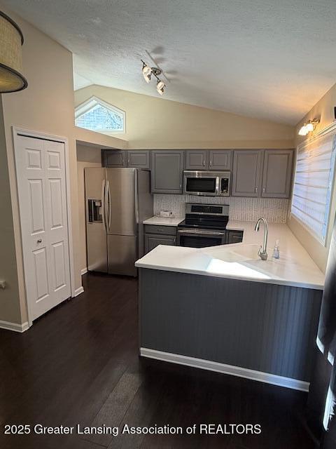 kitchen featuring lofted ceiling, a peninsula, gray cabinetry, stainless steel appliances, and a textured ceiling