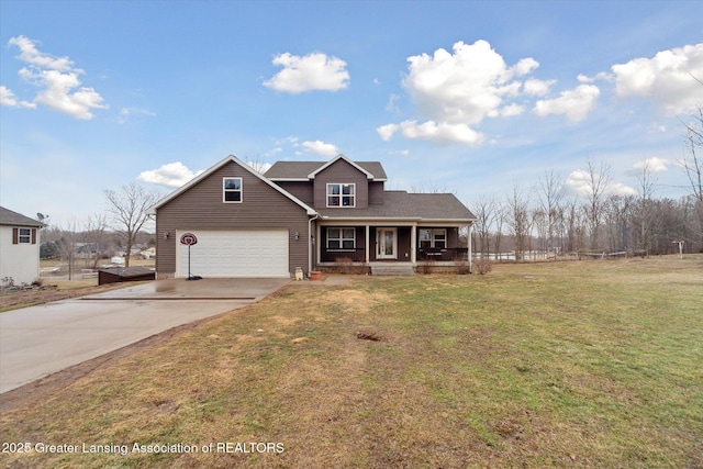 traditional home with covered porch, concrete driveway, a front lawn, and a garage