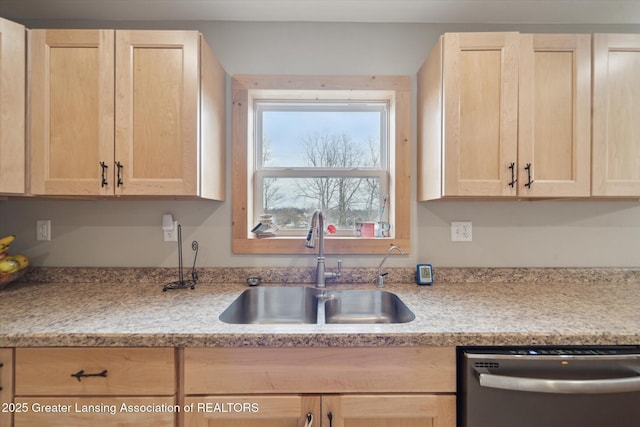 kitchen with stainless steel dishwasher and light brown cabinets