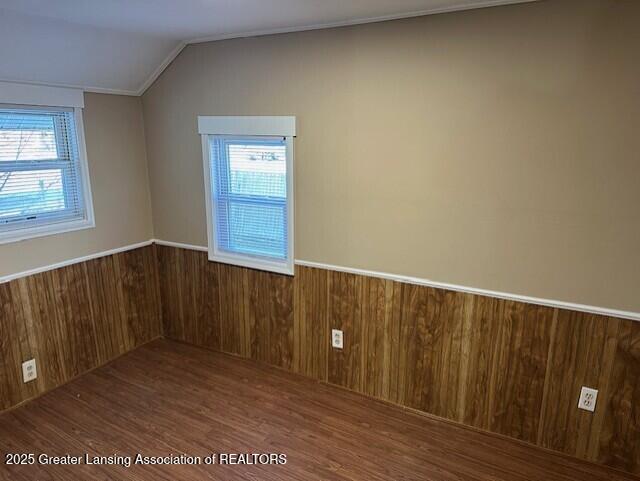 bonus room featuring lofted ceiling, a wainscoted wall, wood finished floors, and wood walls