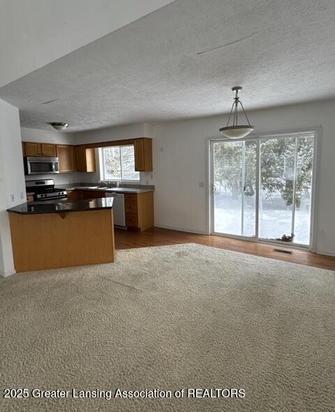 kitchen with a peninsula, dark countertops, appliances with stainless steel finishes, and a textured ceiling