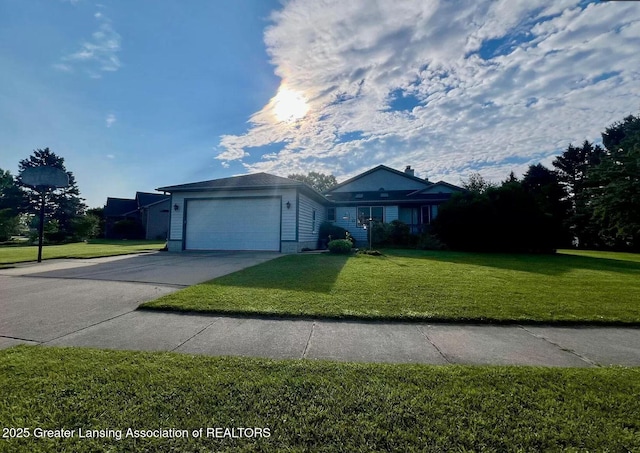 ranch-style home with driveway, an attached garage, and a front lawn