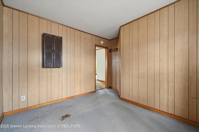 spare room featuring carpet floors, wooden walls, and baseboards