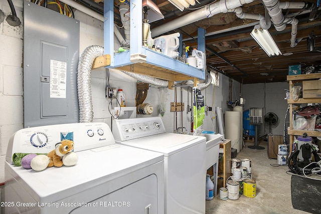 washroom with laundry area, washing machine and dryer, and electric panel