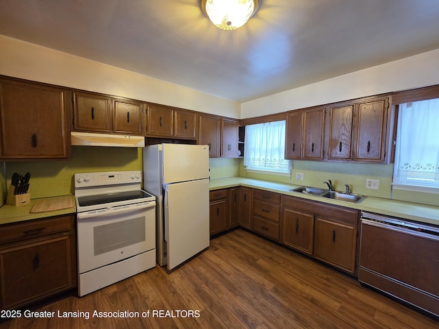 kitchen featuring light countertops, dark wood-type flooring, a sink, white appliances, and under cabinet range hood