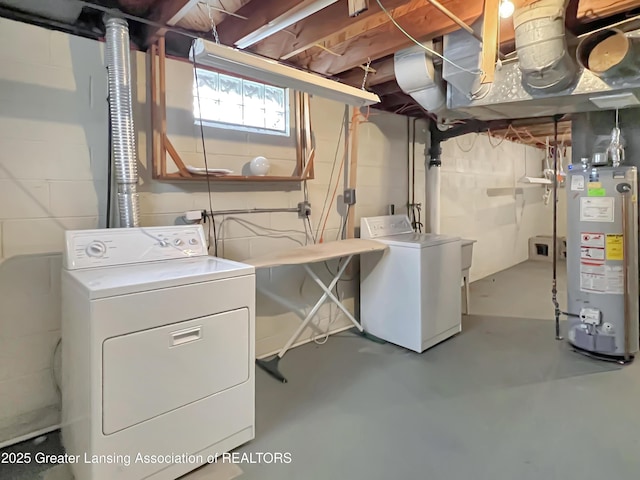 clothes washing area featuring water heater, laundry area, and washer and clothes dryer