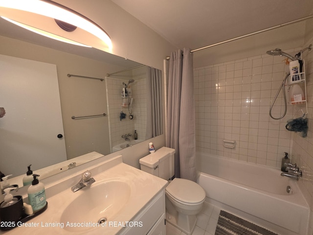 bathroom with vanity, shower / tub combo, tile patterned flooring, and toilet