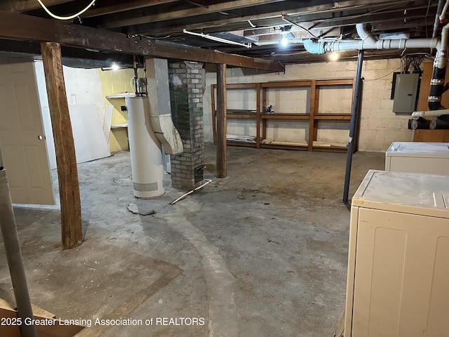 unfinished basement with electric panel and gas water heater