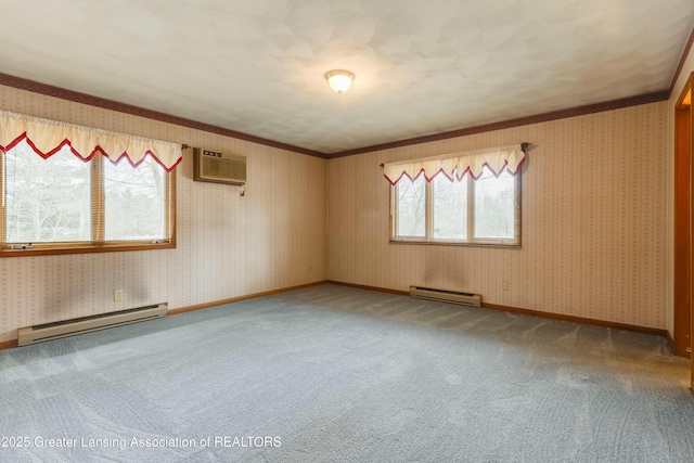 unfurnished room with carpet floors, wallpapered walls, and a baseboard radiator