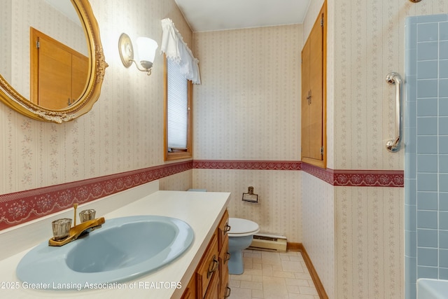 full bath with toilet, wallpapered walls, a baseboard radiator, and walk in shower