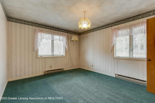 carpeted spare room featuring a baseboard radiator, baseboards, and wallpapered walls