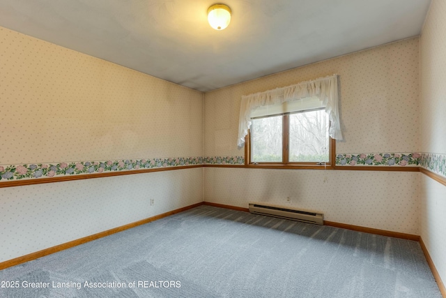 carpeted empty room with wallpapered walls, a baseboard radiator, and baseboards