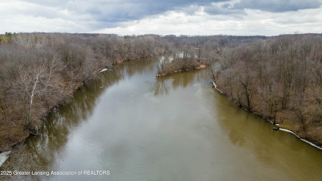 aerial view featuring a water view and a wooded view